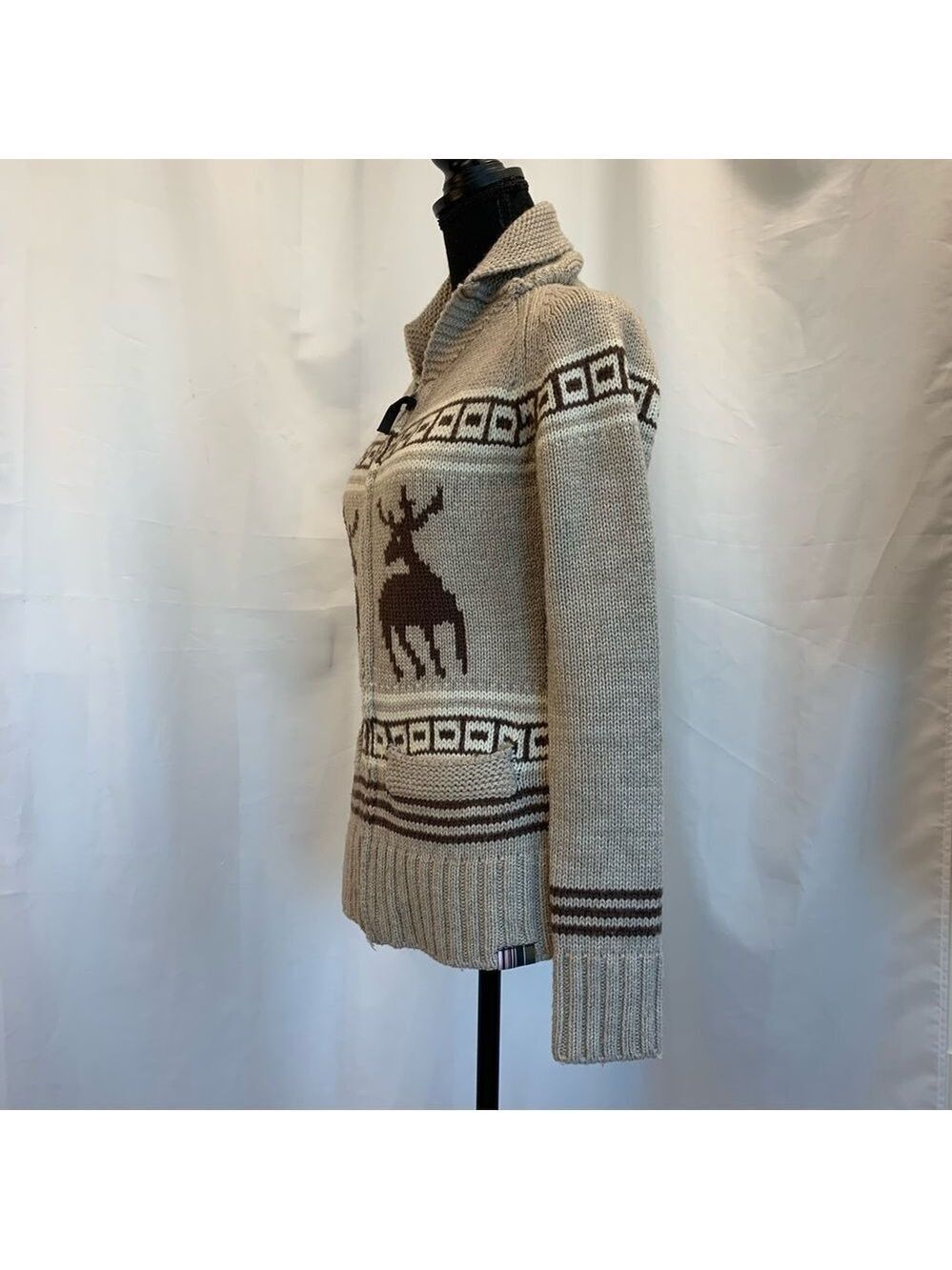 Triple Five Soul beige brown reindeer Zipup jacket wool sweater Sz S - Picture 6 of 15